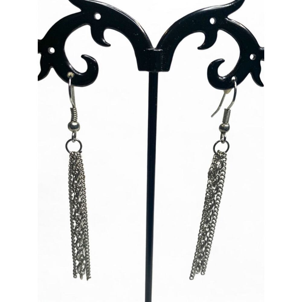 Silvertone Dangle Swag Earrings Hook Pierced 2.5 Inch Drop